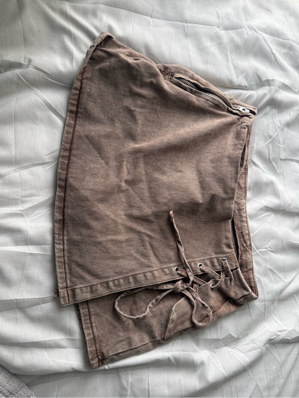 SHEIN Brown Lace-Up Mini Skort with Side Zip